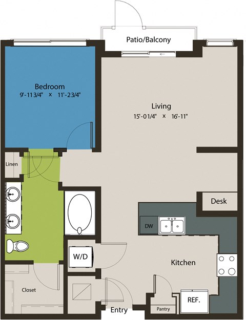 Floor plan for 1 bed, 1 bath, 787 sqft